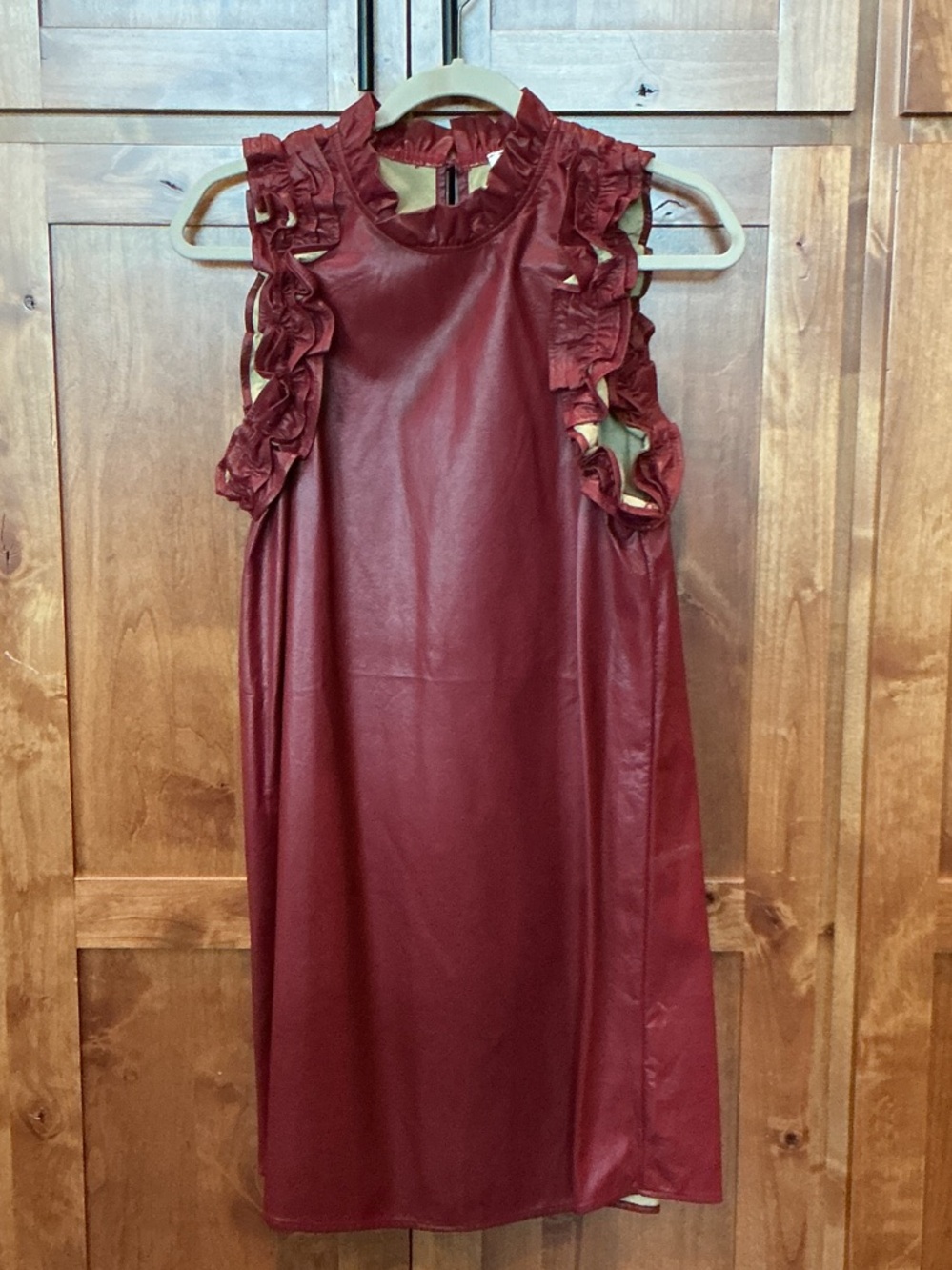 Womens' Burgundy Ruffle Faux-Leather Dress